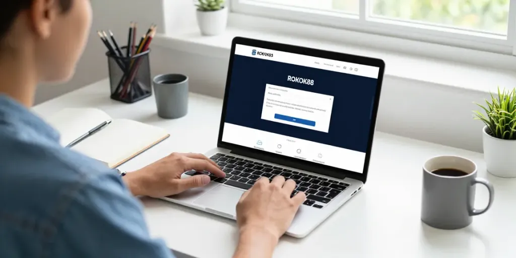 Person accessing ROKOK88 login on a laptop in a bright home office.