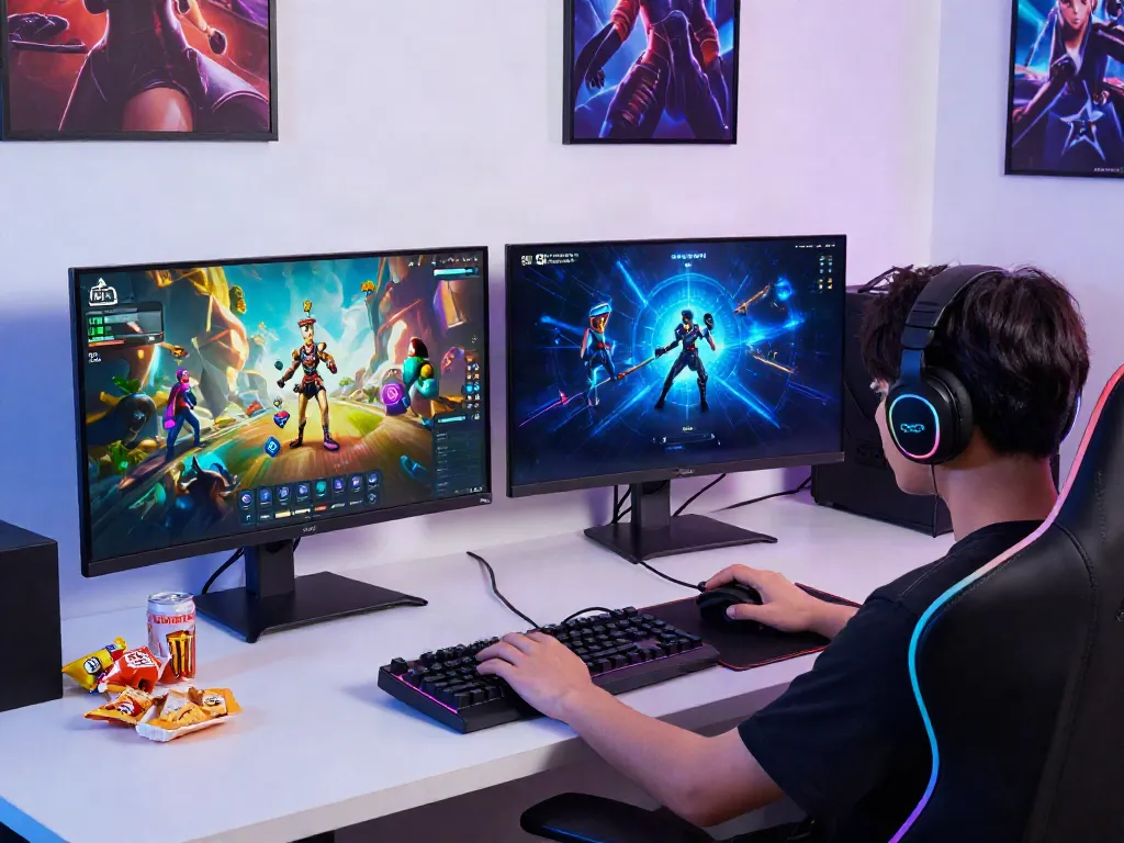 A80 online gaming setup with dual monitors displaying vibrant game graphics, gaming chair, and snacks.