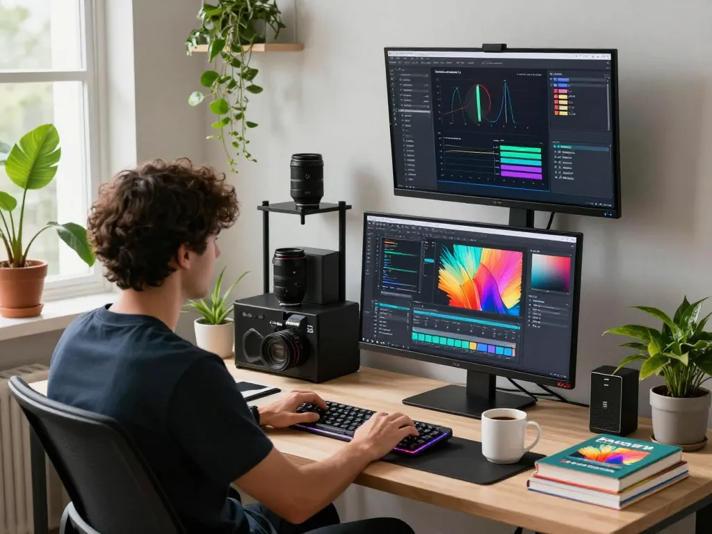 Developer using nano banana 2 AI image editor in a modern workspace filled with tech gadgets.