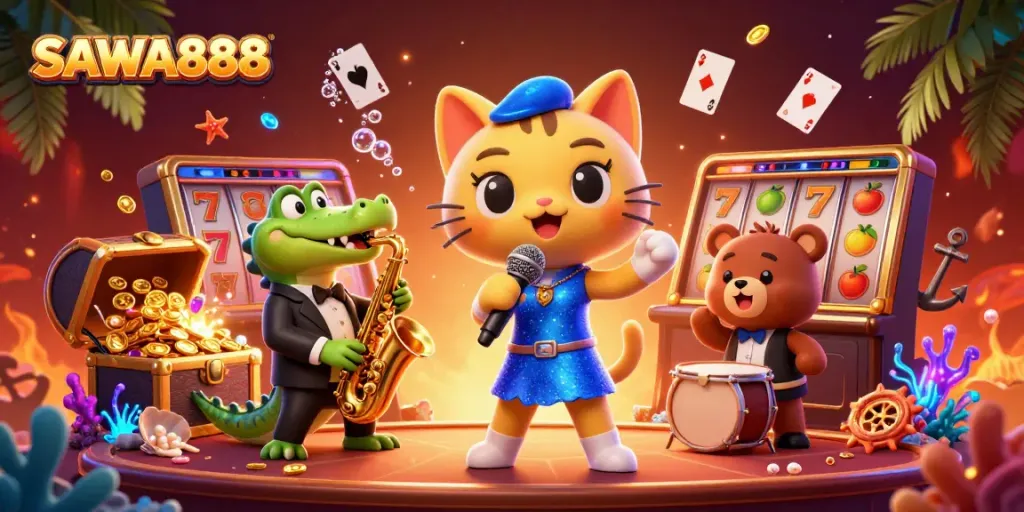 SAWA888 features a vibrant casino scene with a jazz-singer cat and dynamic gaming elements.