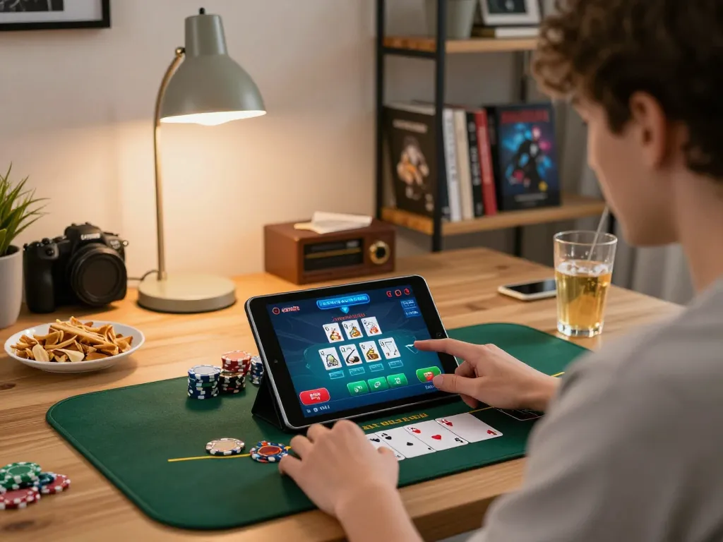 Engaging in live dealer blackjack on CasinoAtlas, showcasing a cozy home gaming setup