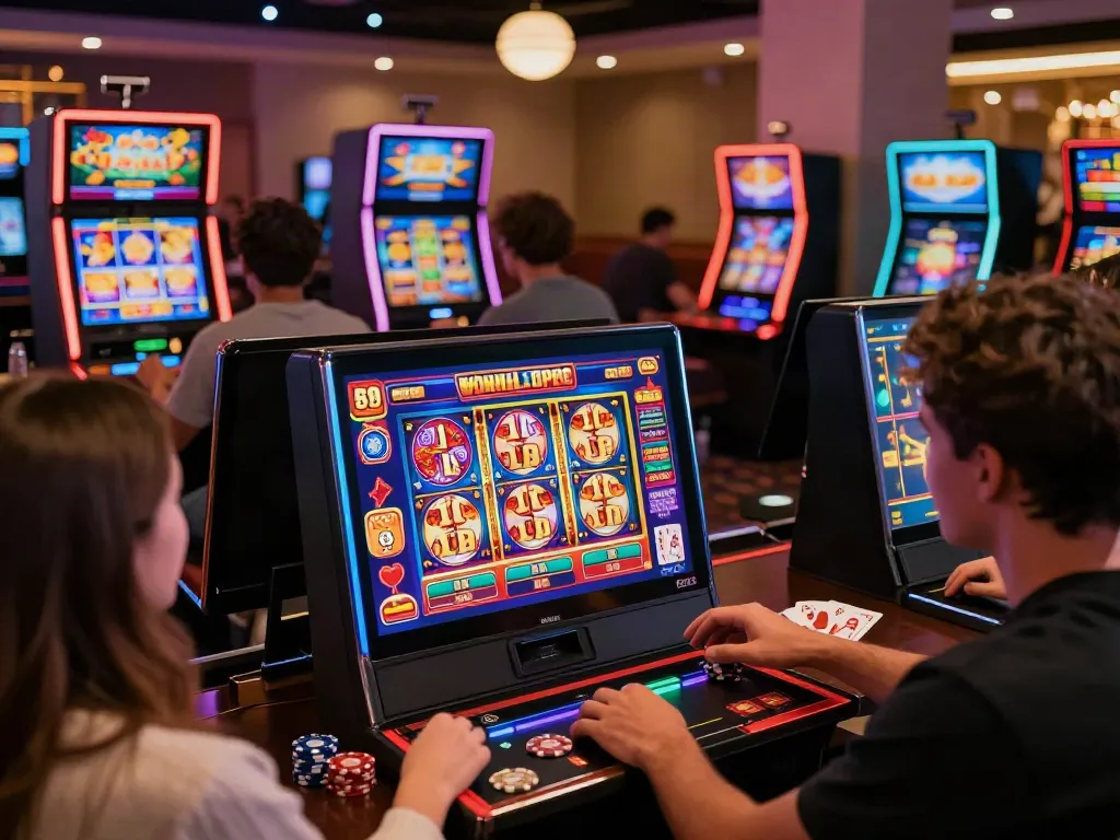 A dynamic online gaming scene featuring players engaged with akunjp slot games, colorful graphics, and gambling elements.