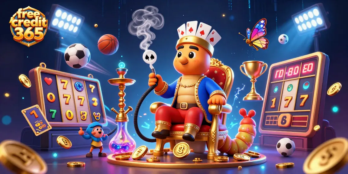 Experience 'free credit 365' in a vibrant casino setting with engaging slot reels, sports elements, and dynamic visuals.