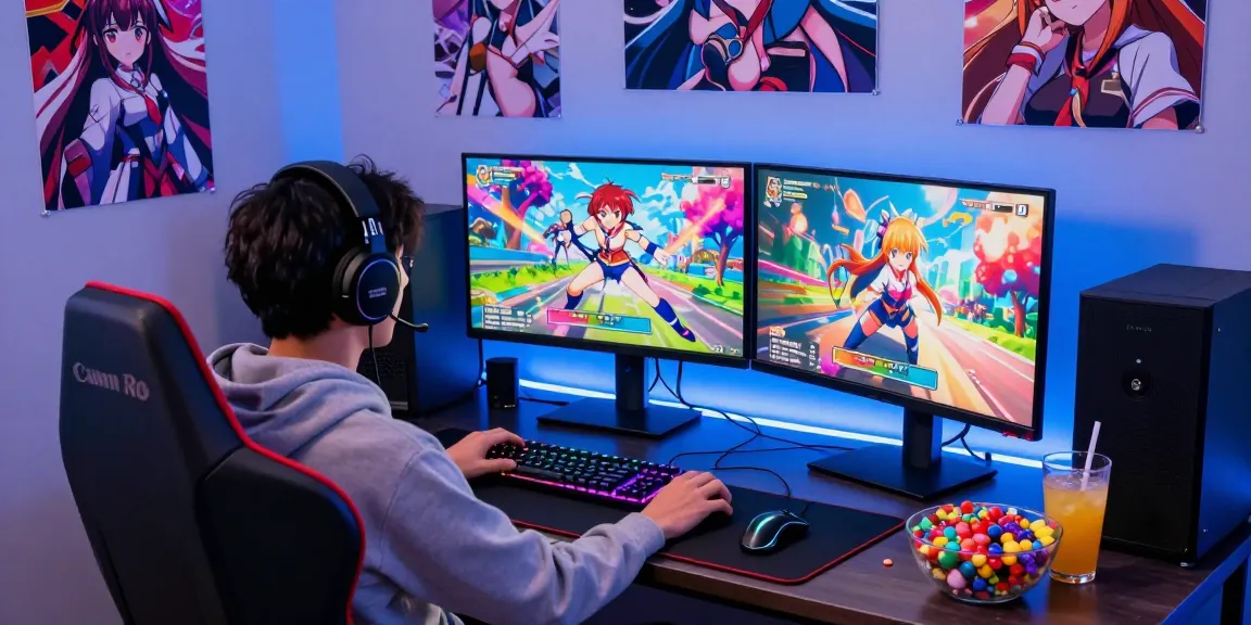 Playing engaging hentai games on dual monitors in a cozy gaming room.