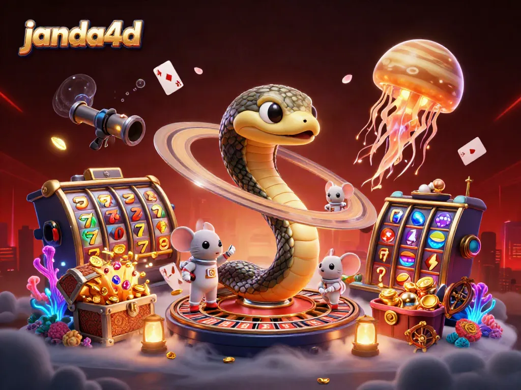 Dalam ilustrasi 3D janda4d, tikus astronot menempatkan taruhan di roda roulette, simbol slot dan harta karun berpadu dalam keseruan judi.