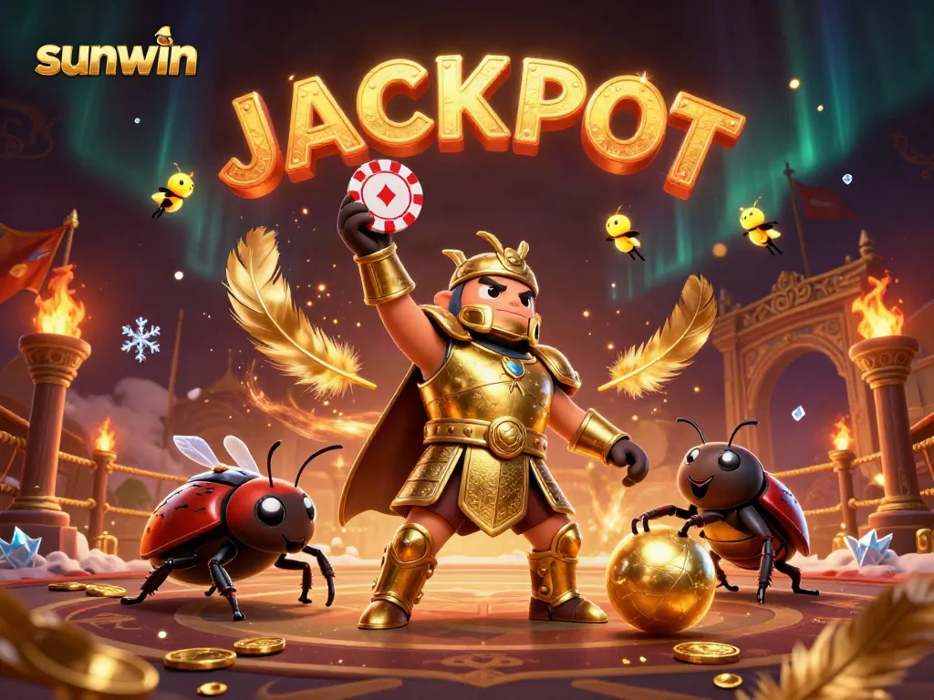 Sunwin cartoon beetles celebrating a jackpot with neon effects and casino elements in a vibrant gambling scene.