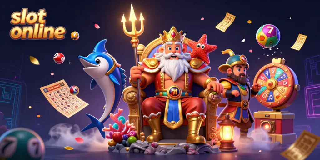 Permainan slot online dengan karakter Raja Laut dan elemen slot yang berkilauan.