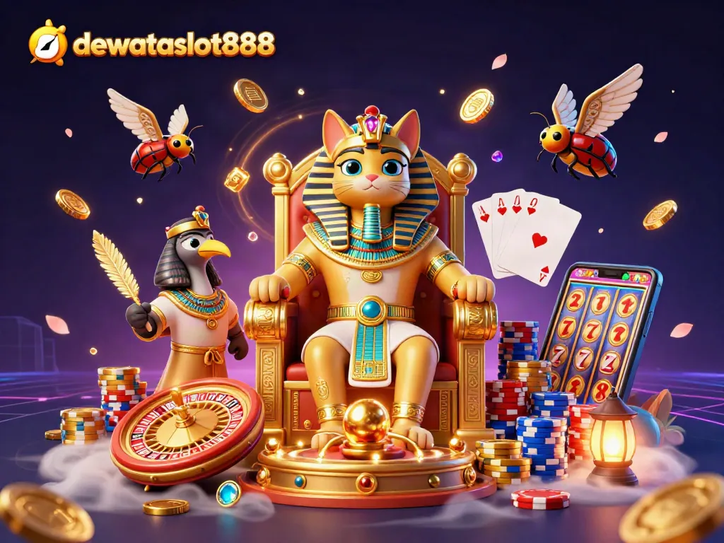 dewataslot888 hadir dalam ilustrasi kasino 3D, menampilkan raja kucing dan elemen perjudian yang mengesankan.