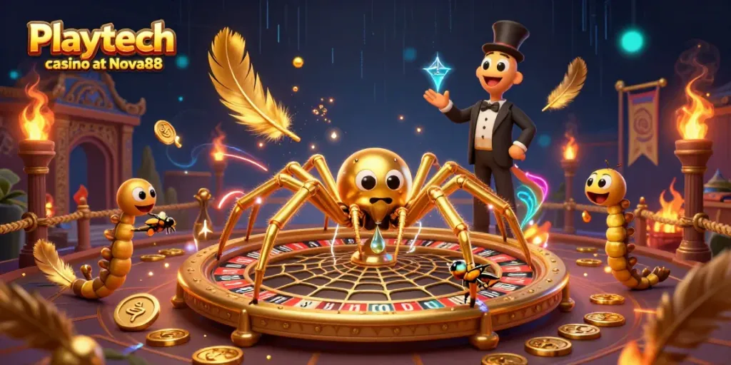 Engage with Playtech casino at Nova88 through exciting gaming adventures illustrated with a dynamic 3D scene.