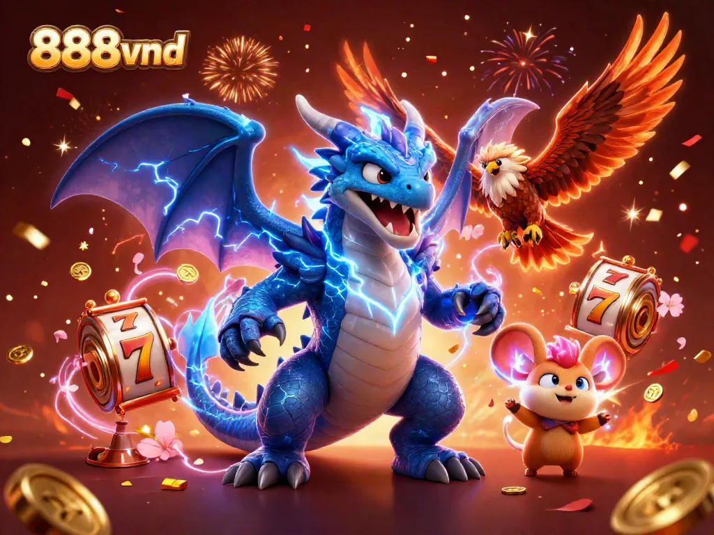 Experience thrilling gameplay at 888vnd with dynamic slot reels and lively cartoon characters.