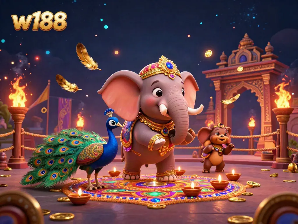 Experience excitement with w188 featuring an ornate elephant and peacock in a dynamic casino setting.
