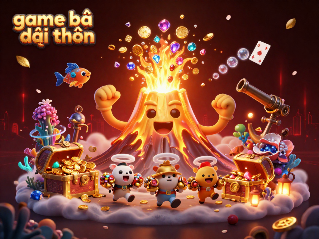 Engage in game bài đổi thưởng with the vibrant 3D illustration of a golden volcano erupting treasure, showcasing thrilling casino elements.
