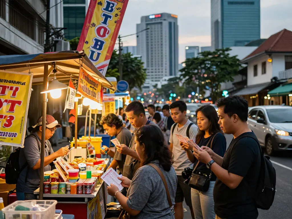 Kerumunan orang di Jakarta memeriksa tiket togel mereka dengan antusias, suasana malam yang hidup.