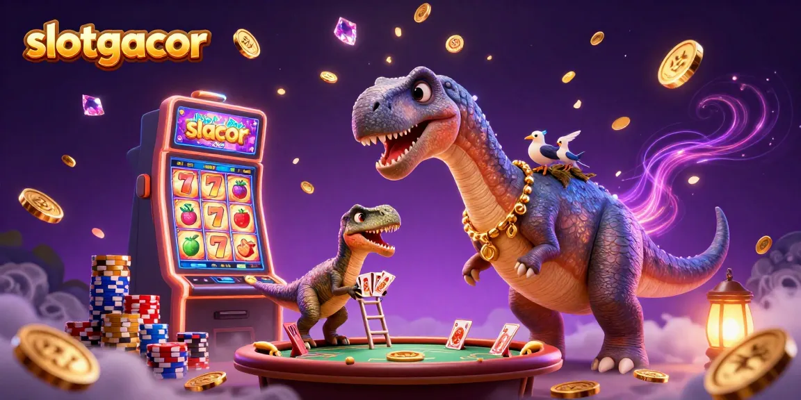 Engage with slotgacor at a bustling casino scene featuring a charming brontosaurus and vibrant games.