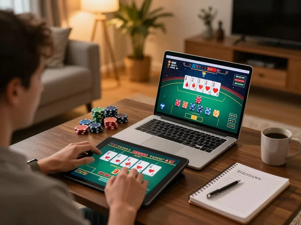 TR88 player engaging in online casino gaming while managing strategy notes in a cozy home setting.