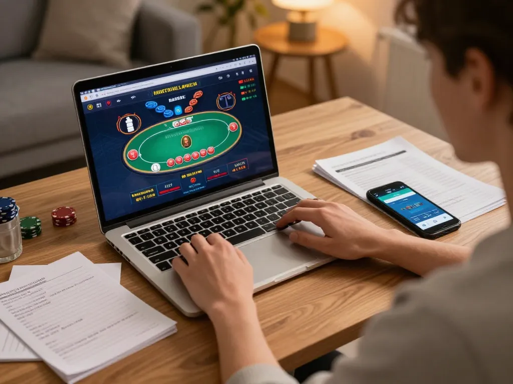 Iwinclub player engaging in strategic online poker from home office setup.