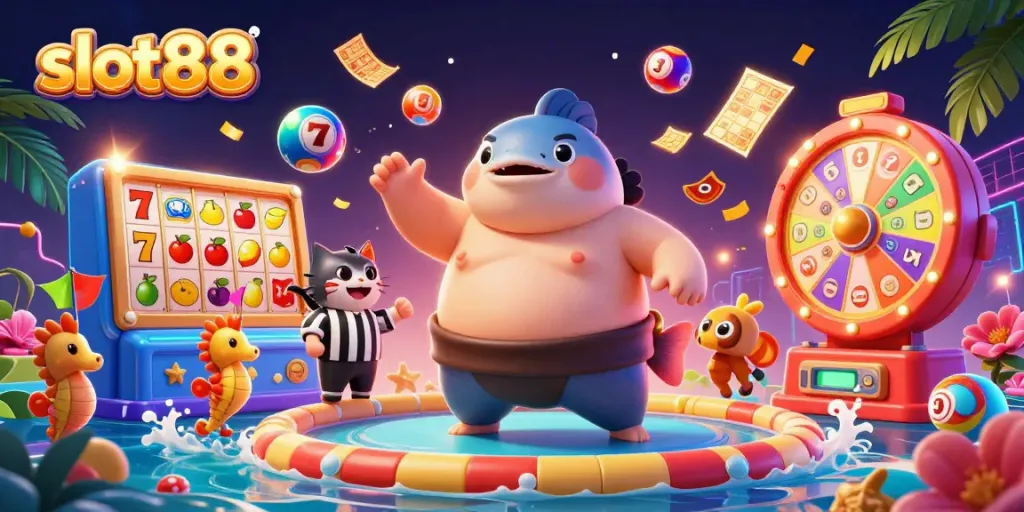 Slot88 menghadirkan suasana permainan dengan fugu besar dan simbol mesin slot yang berwarna-warni.