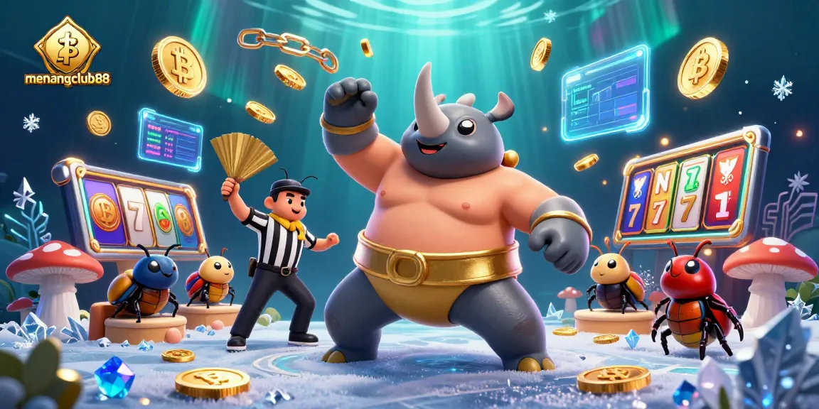 Experience excitement at menangclub88 as the animated rhinoceros beetle champion unleashes flying coins amidst intense casino action.