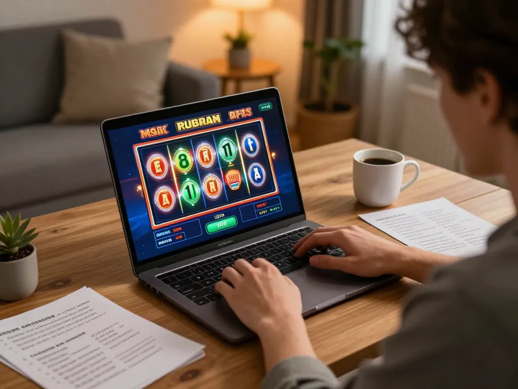 Person using SpinAdvisor for online slots interface on a cozy desk setup.