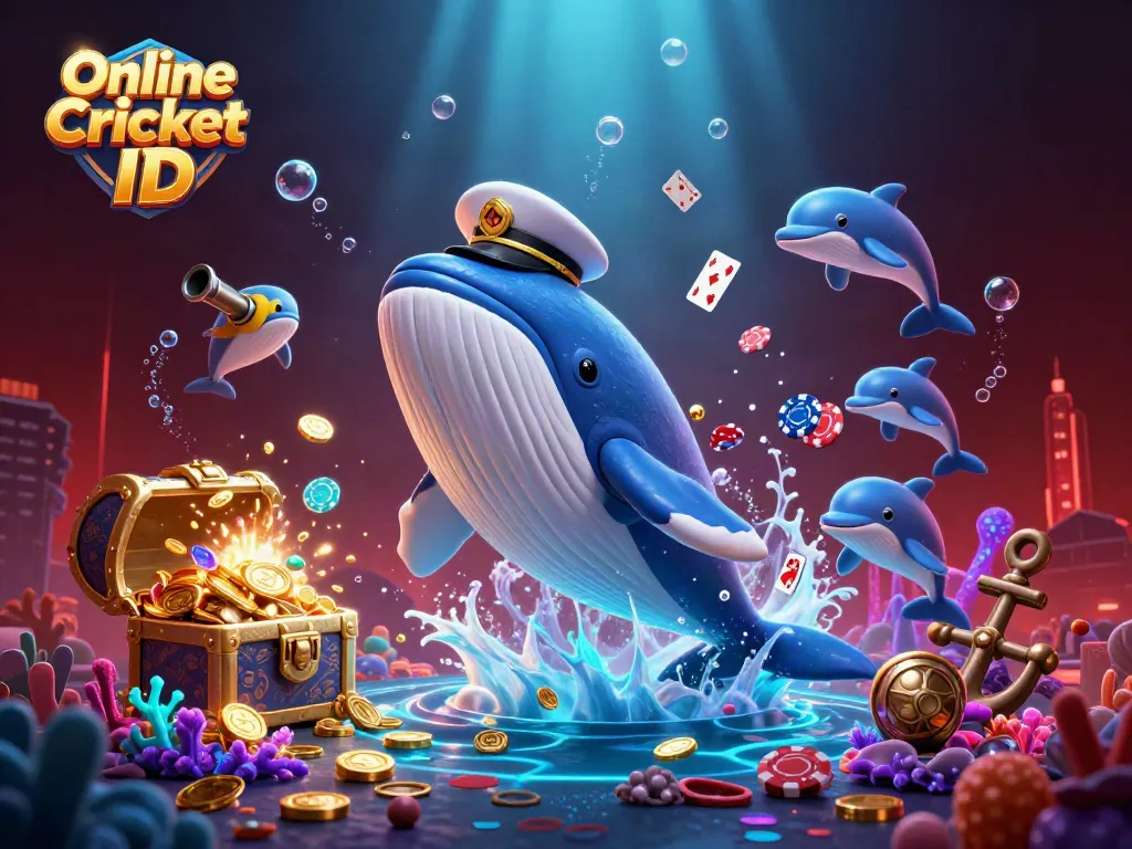 Engage in thrilling betting with an Online Cricket ID, showcased by dynamic casino graphics featuring playful marine characters.