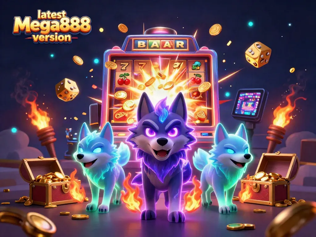 Experience the latest Mega888 version with thrilling 3D illustration showcasing slot games and dynamic casino atmosphere.