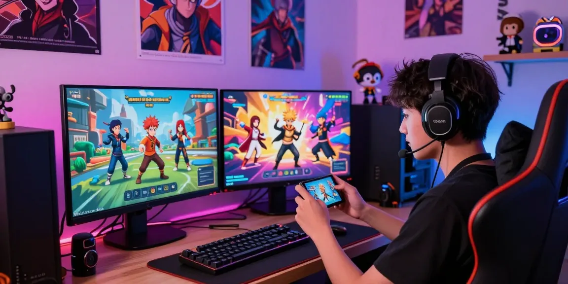 Player enjoying Status AI game with animated characters from favorite fandoms in a cozy gaming setup.