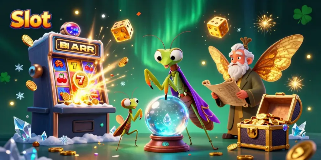 Slot besar dan berkilau di tengah gambar, dikelilingi makhluk kartun sihir dan simbol kasino lainnya.
