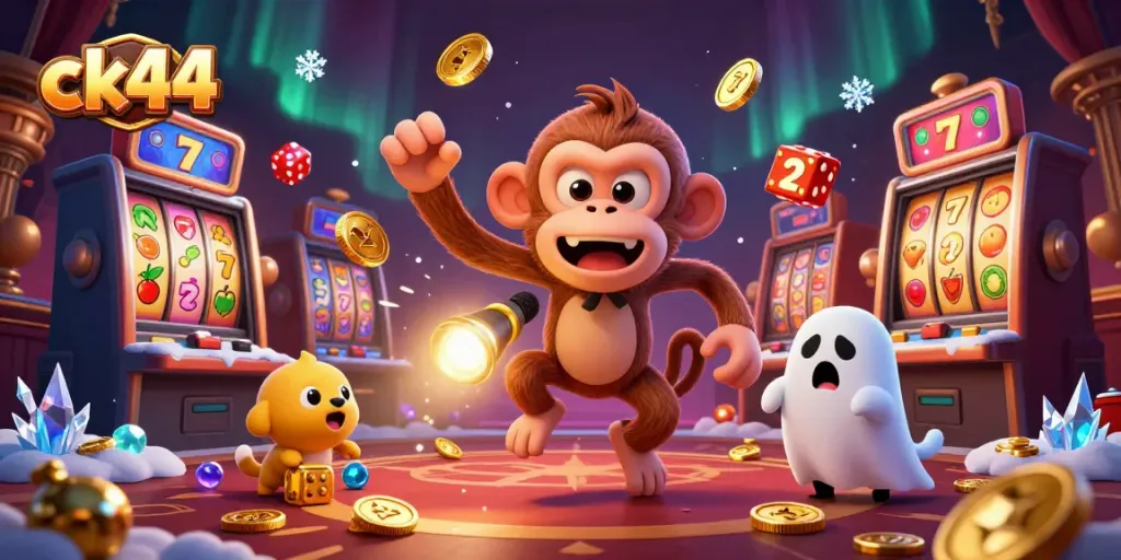 Engage with ck44's thrilling haunted casino experience featuring a playful poltergeist monkey.