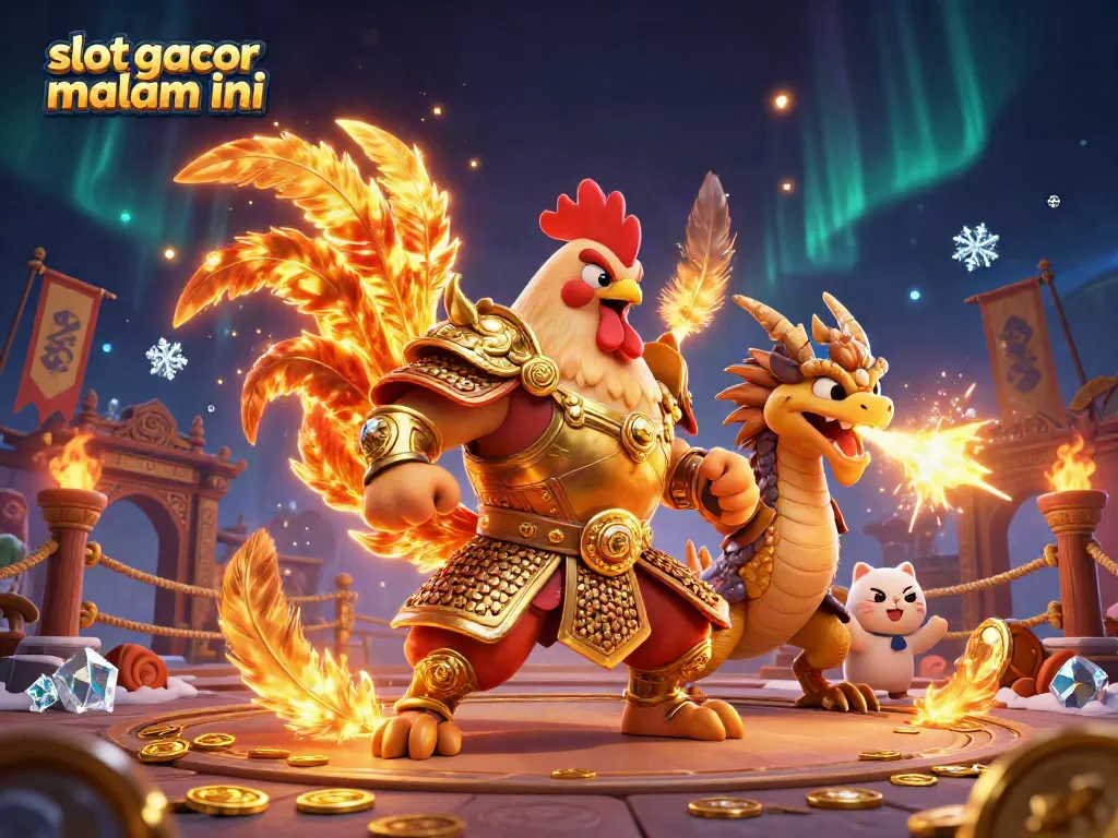 Mengalami slot gacor malam ini dengan ilustrasi karakter pejuang ayam dan naga yang penuh semangat dalam suasana kasino.