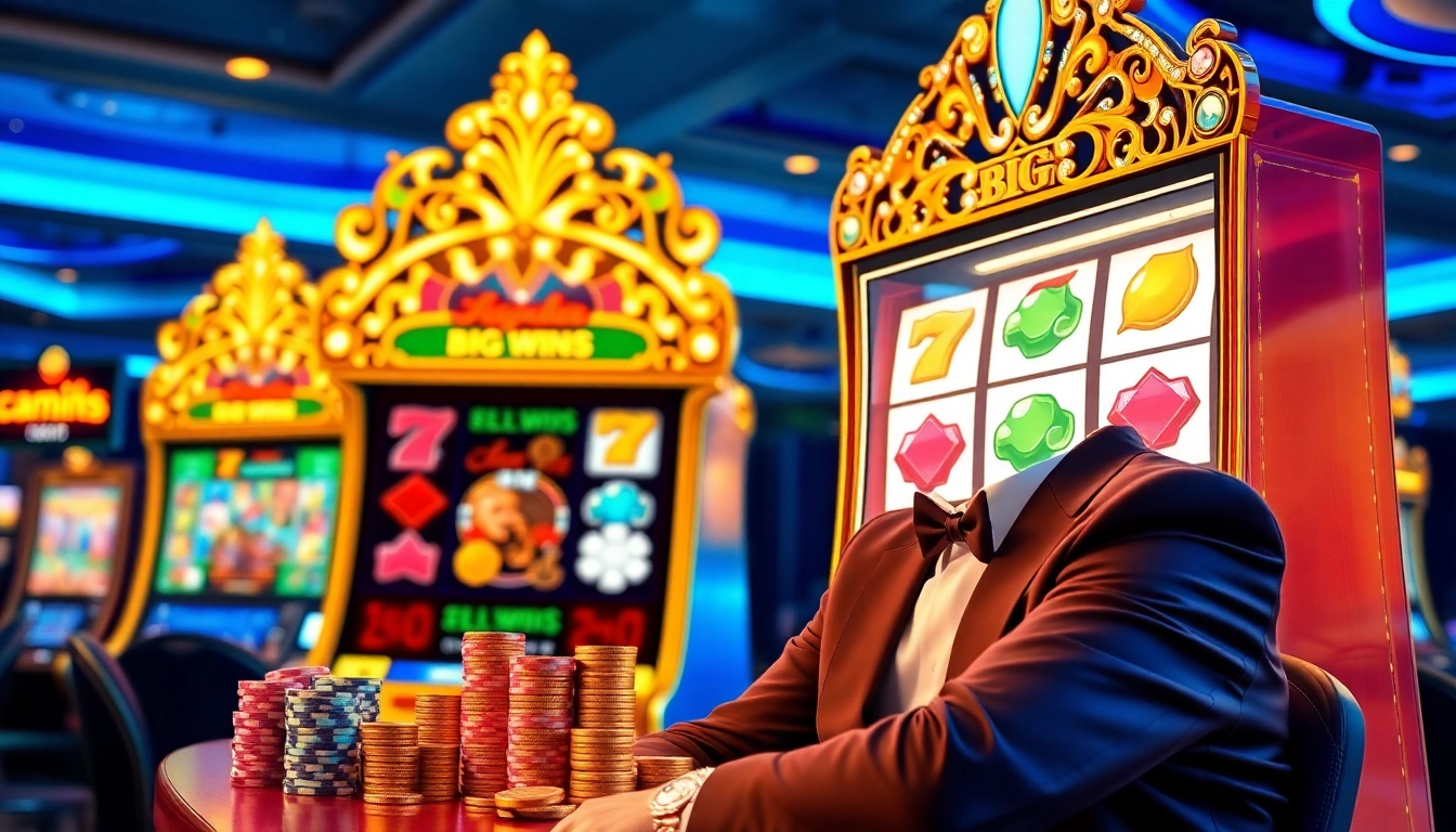 Experience the thrill of dewa slot with vibrant graphics, luxury slot machines, and excited players in a casino.