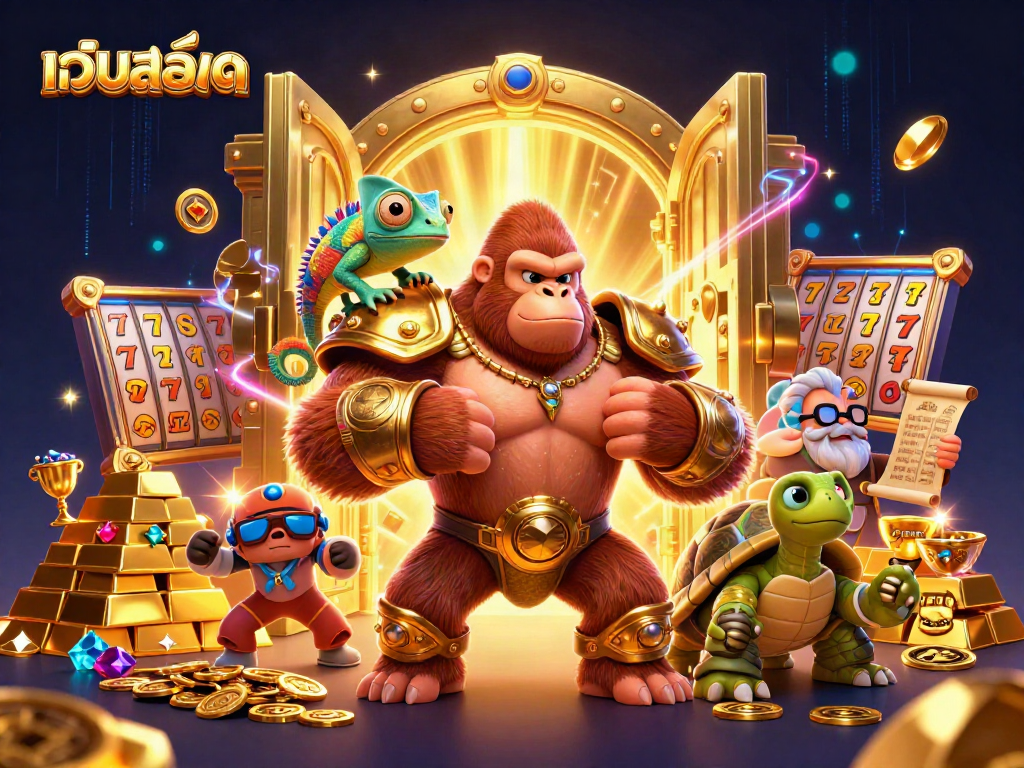 Engage with เว็บสล็อต as the gorilla king and companions uncover treasures in a vibrant casino setting.