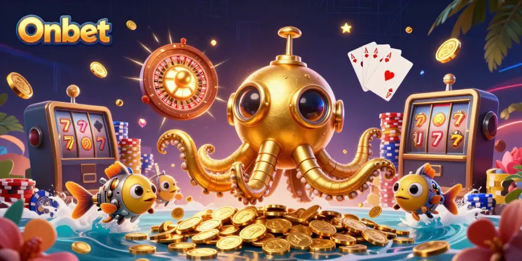 Experience the thrill of Onbet with a 3D golden kraken submarine amidst coins and dynamic casino elements.