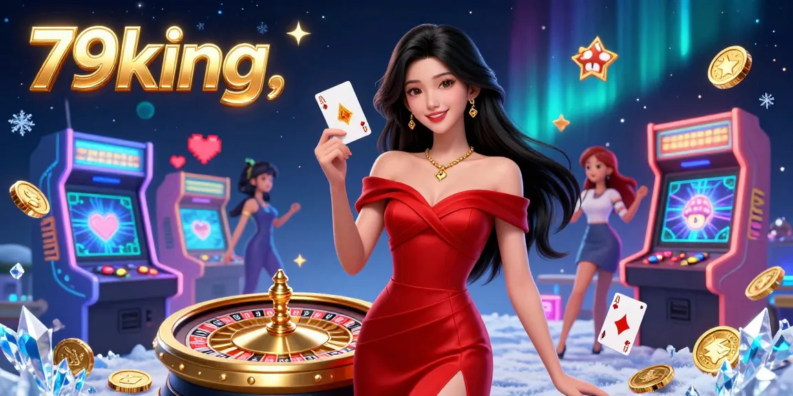 Experience the vibrant gaming scene at 79king with a beautiful dealer beside a golden roulette wheel.
