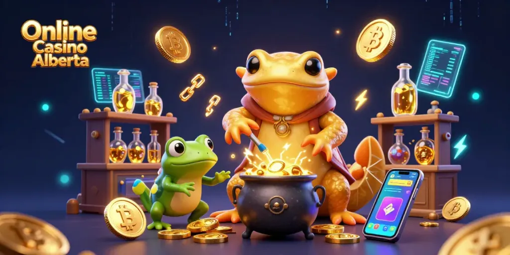 Engage with Online Casino Alberta's scene showcasing a golden salamander alchemist creating gold coins.