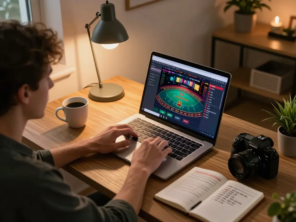 Player engaging in online casino gaming with 88bet on a sleek laptop, showcasing strategic gameplay in a cozy home environment.
