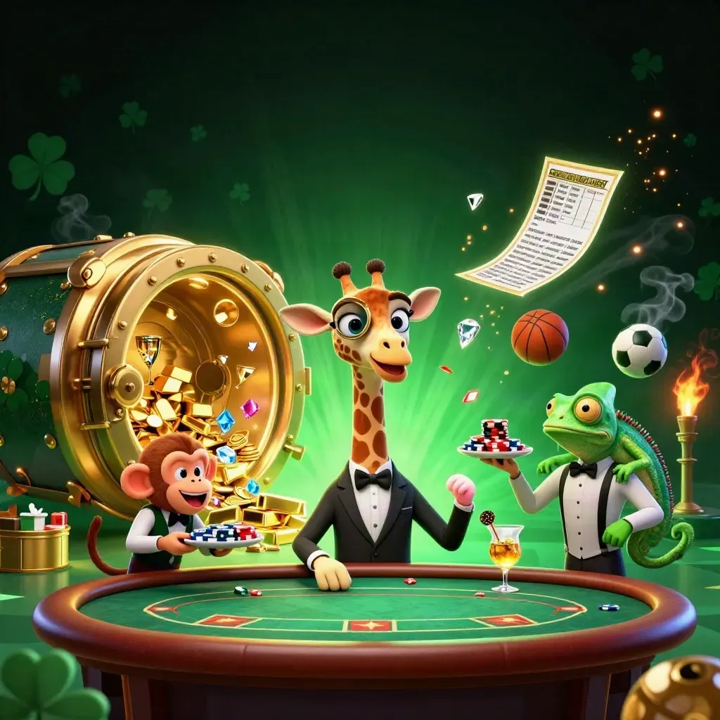 Giraffe, monkey, and chameleon in a casino vault blast with sports props and neon green glow