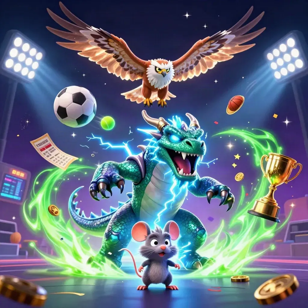 Thunder dragon, wind hawk and static mouse amid sports balls, coins and neon stadium lights