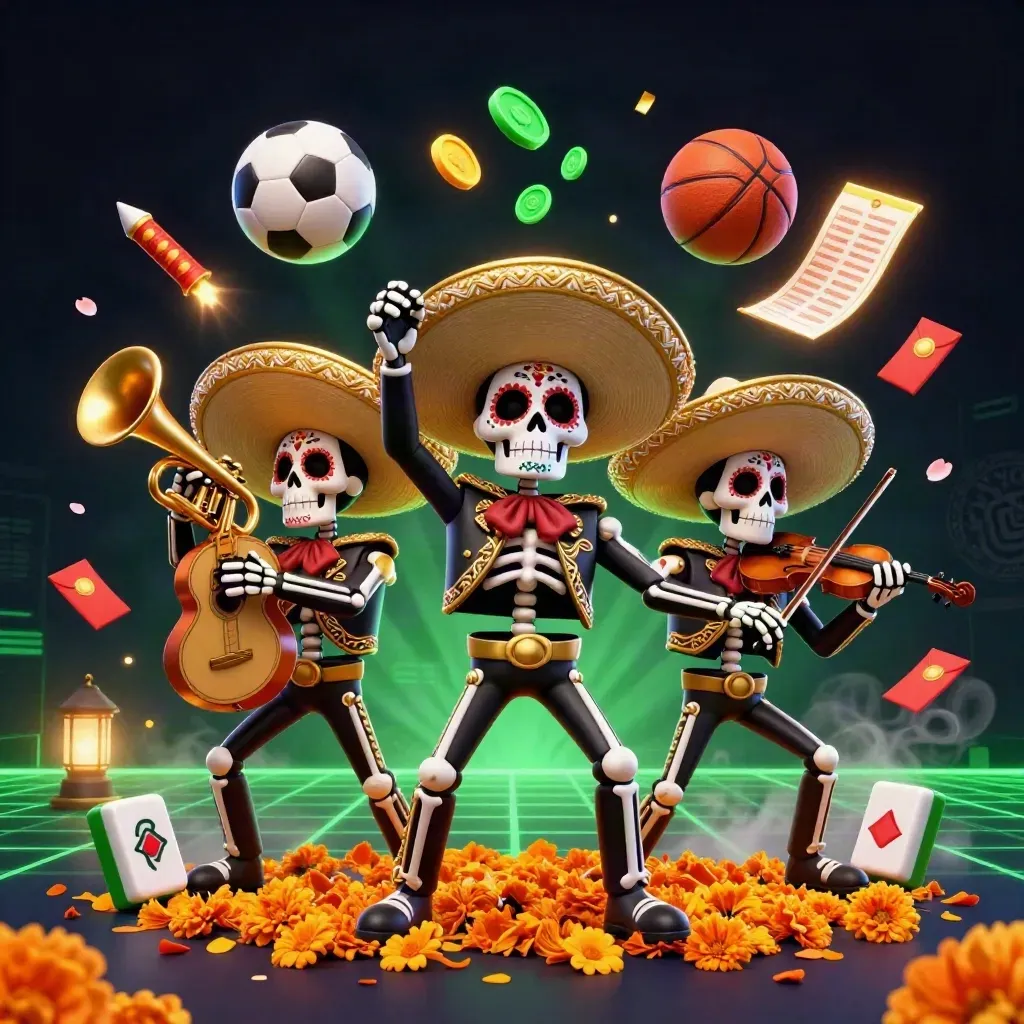 Skeleton mariachi trio amid soccer, basketball, lanterns and neon casino effects