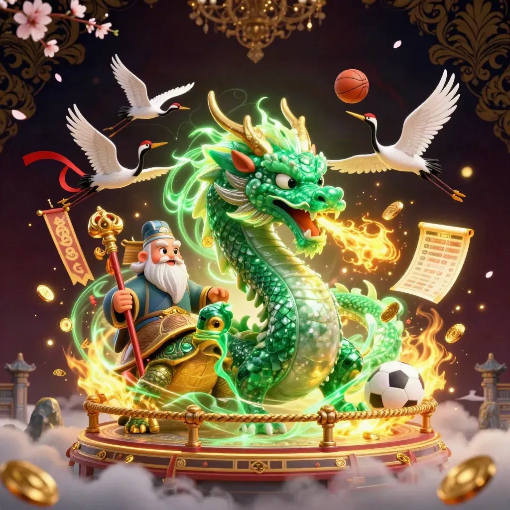 Jade dragon, turtle sage, and cranes amid gold fire and neon green casino lights.