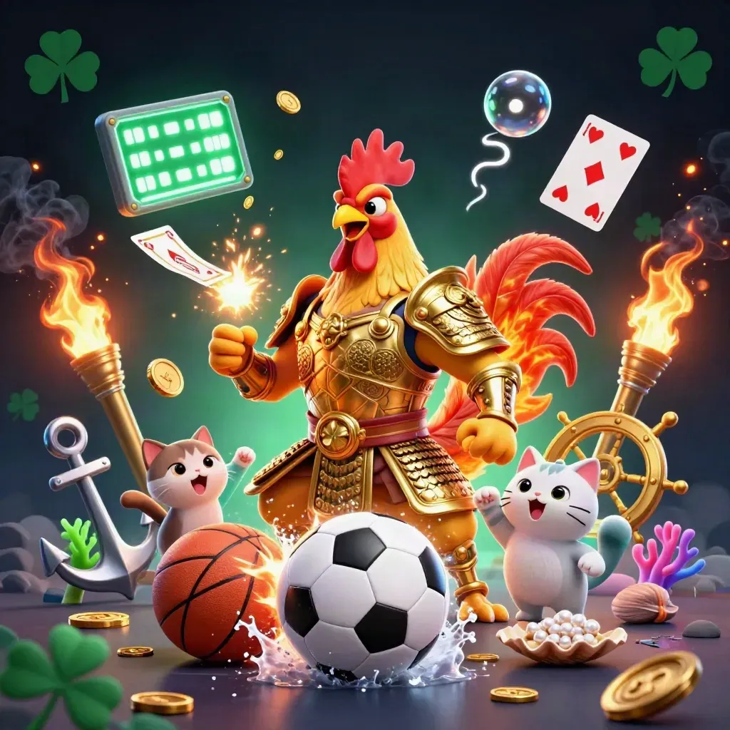 Rooster samurai, dragon hatchling, and fortune-cat amid coins, coral, cards, and sports props.