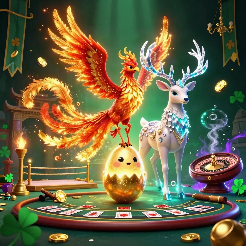 Phoenix, baby phoenix, and crystal stag amid casino luxe, glowing gold coins and neon light.