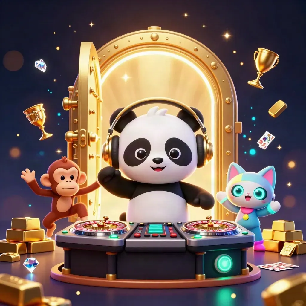 DJ panda, monkey, and kitten amid a gold vault and casino lights