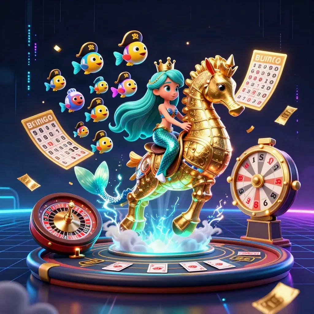 Mermaid princess on a gold seahorse amid casino lights, lottery balls, wheels, and neon grid.