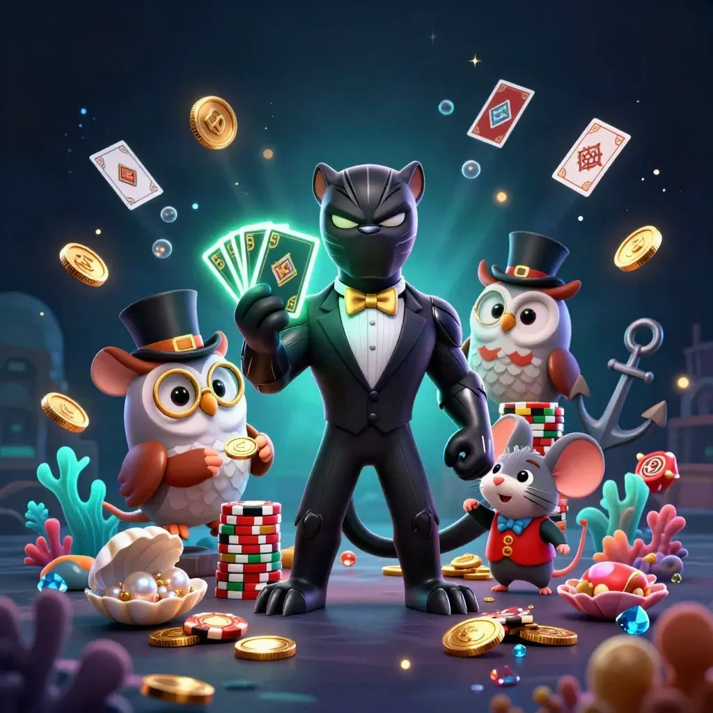 Tuxedo panther, owl, and mouse in a glowing underwater treasure cove with coins, coral, and cards.