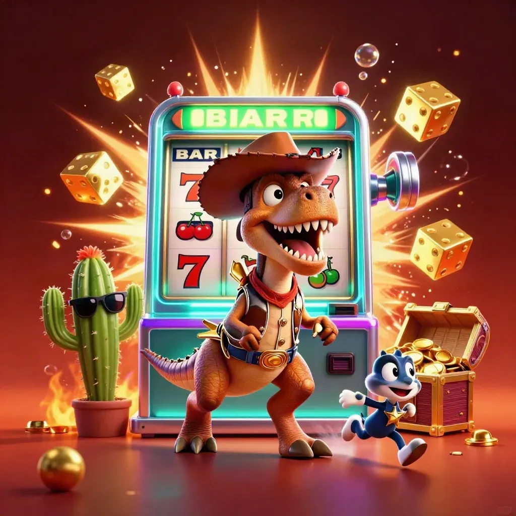 Cowboy T-Rex, cactus sidekick and roadrunner amid exploding slot symbols, gold, and neon green glow.