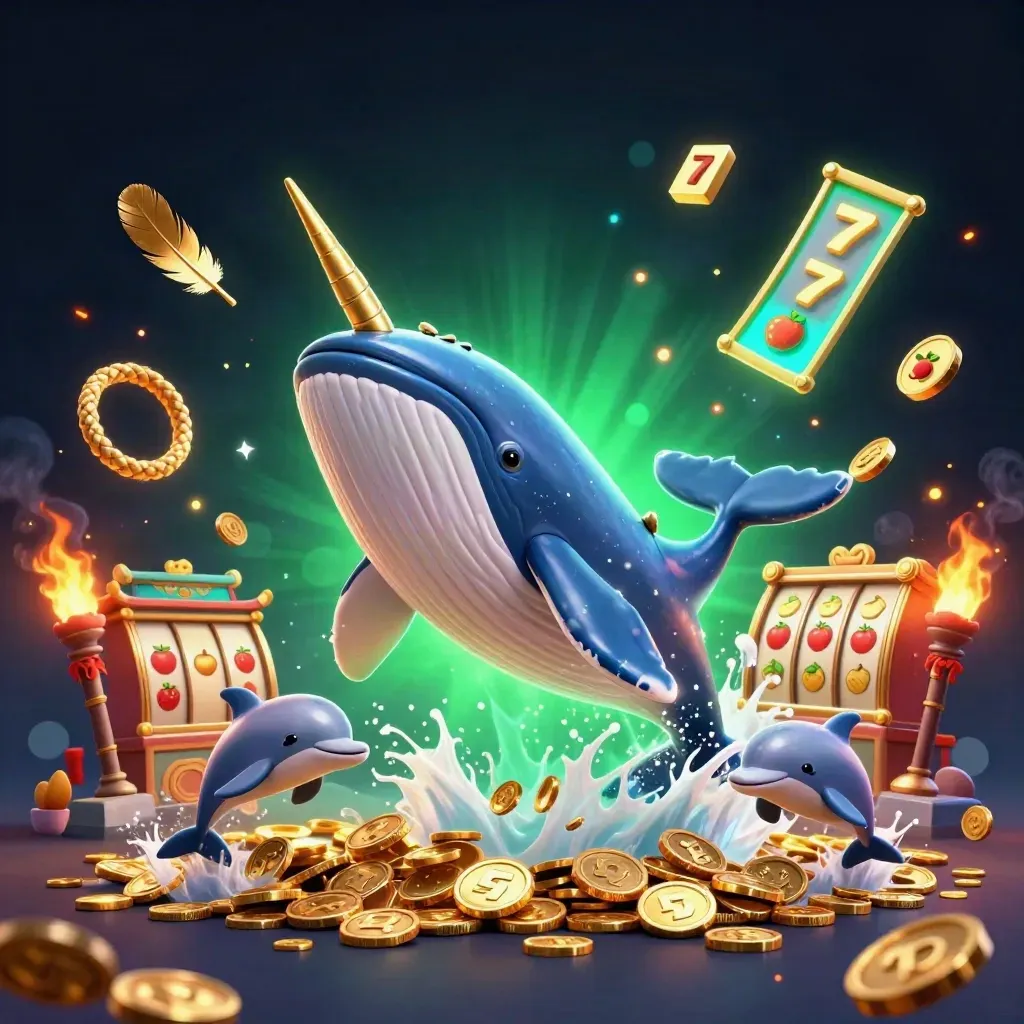 Whale captain, narwhal, and dolphins burst through coins under neon casino lights.