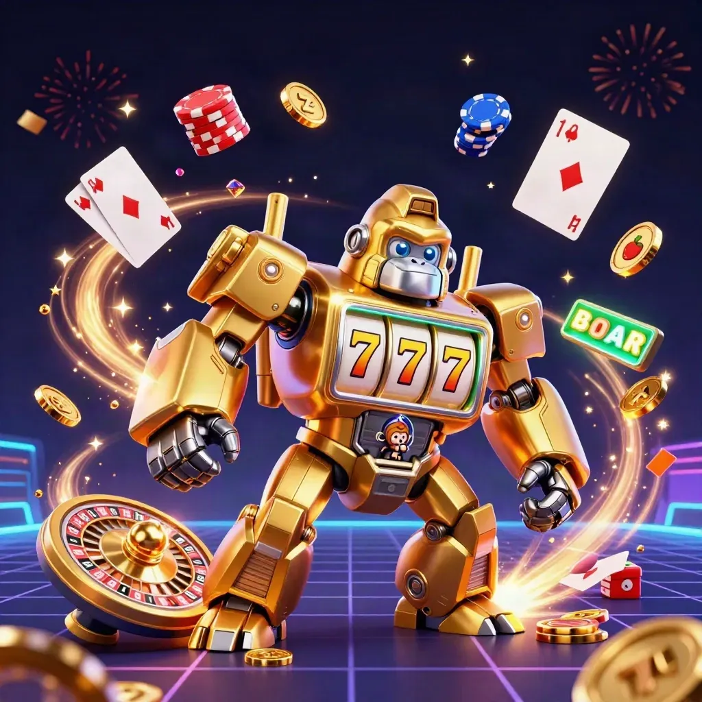 Golden gorilla mech and monkey pilot burst with coins, gems, cards, chips, and neon casino energy.