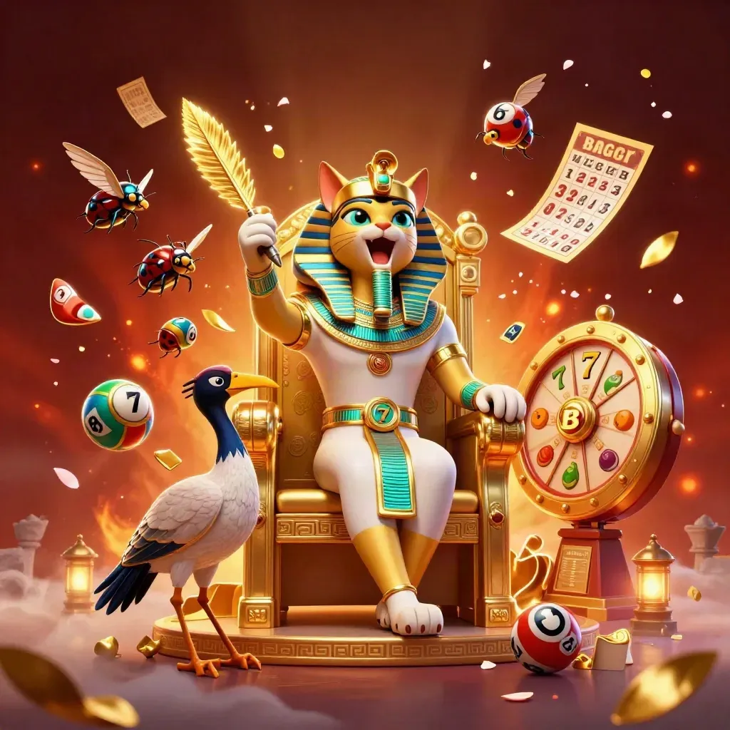 Pharaoh cat, ibis scribe, and scarab beetles amid casino loot and neon bursts.