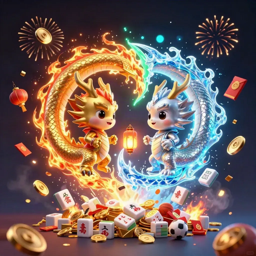 Twin gold and silver dragons swirl through a vault burst with coins, fireworks, and casino symbols.