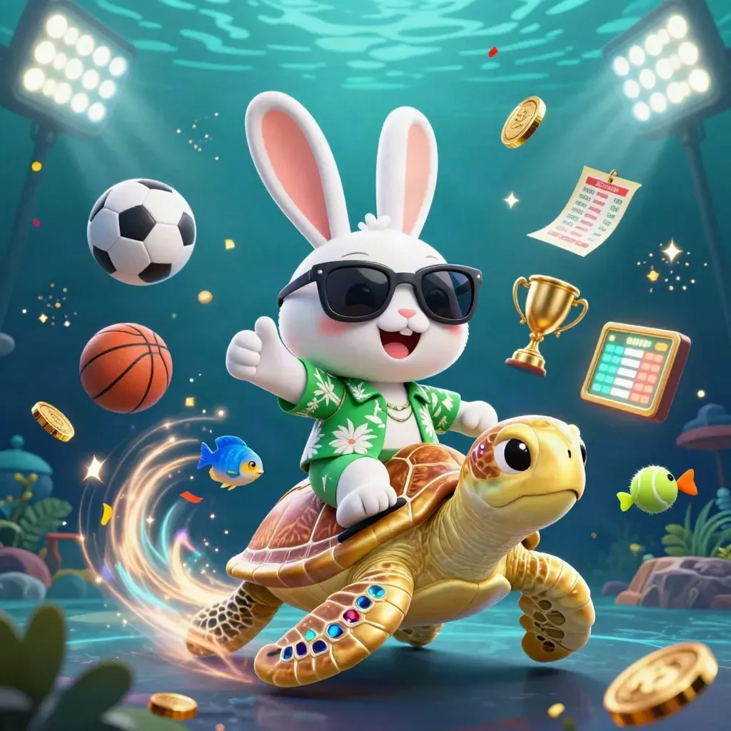 Lucky rabbit rides a gem turtle amid coins, balls, trophy, fireworks, and neon underwater light.